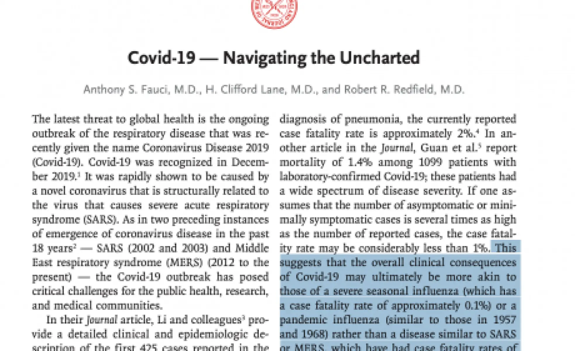 Dr. Fauci NEJM Editorial Suggests That COVID-19 Fatality Rates May Be 10x Lower Than Official Projections