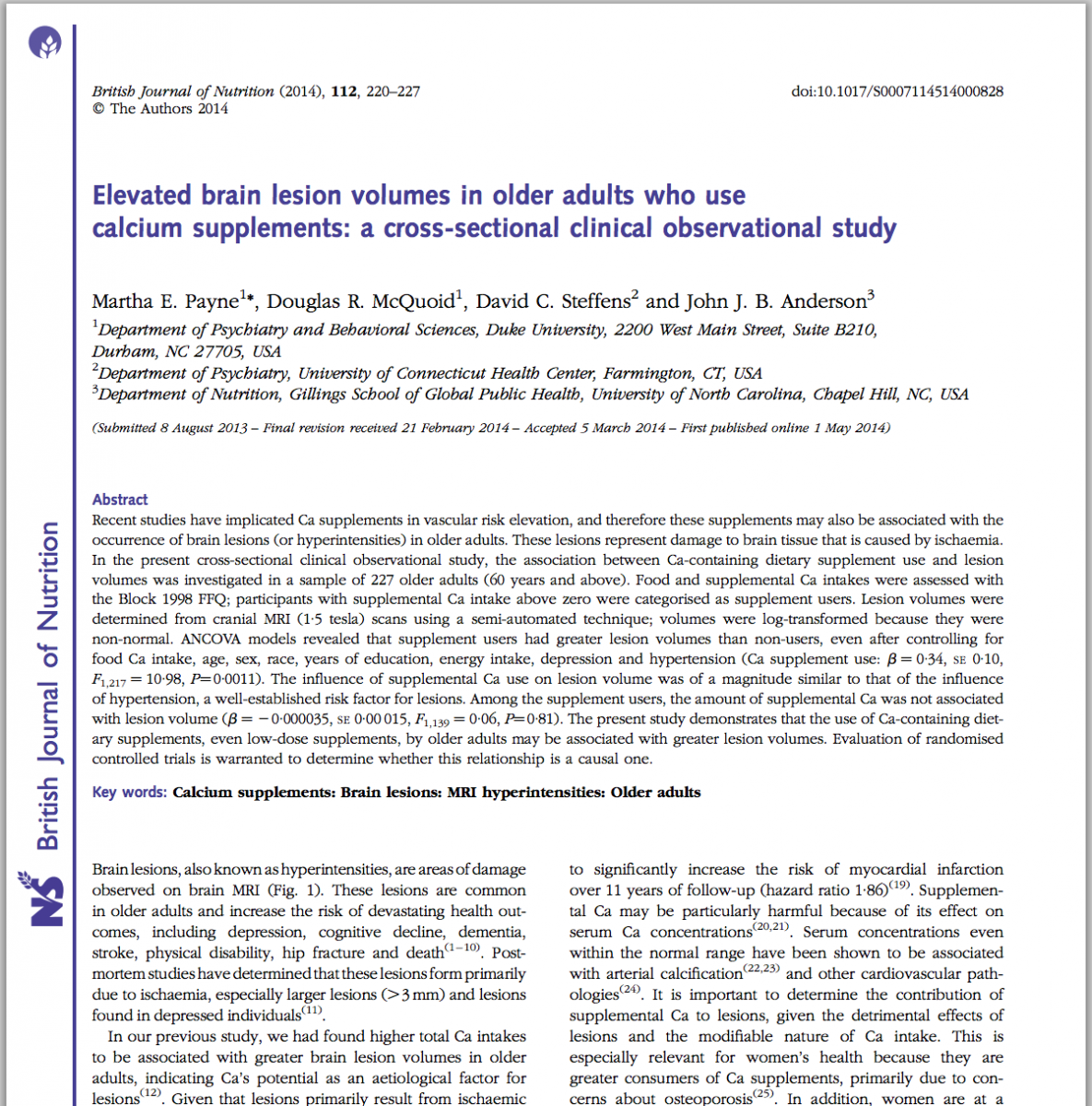 British Nutrition Journal: Brain Calcium Lesions